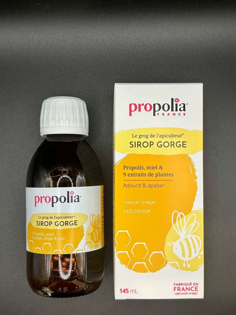 Sirop gorge Propolia à la propolis, miel et 9 extraits de plantes 145 mL, adoucissant et apaisant.