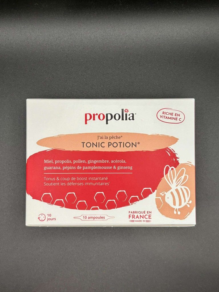 Ampoules Tonic Potion Propolia au miel, propolis, pollen, gingembre, acérola, guarana et ginseng pour booster l’énergie.
