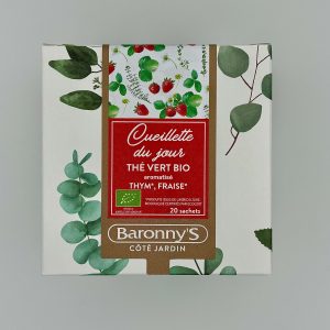 THÉ VERT BIO " CUEILLETTE DU JOUR" AROMATISÉ THYM, FRAISE BARONNY'S COTÉ JARDIN