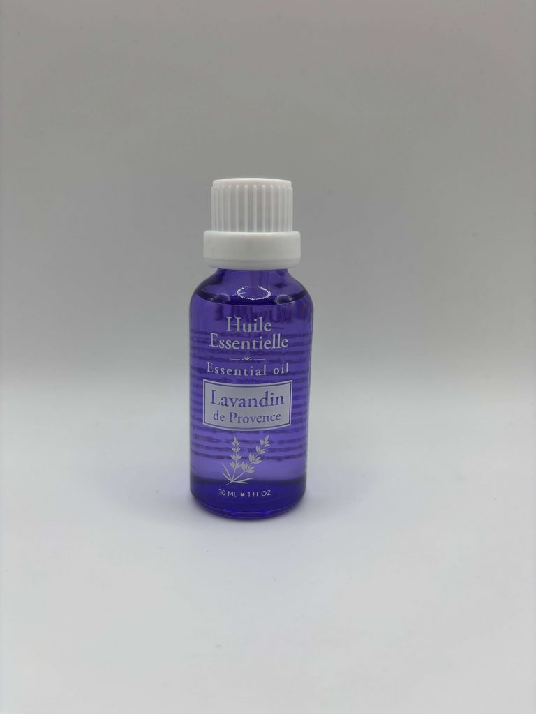 Flacon goutte-à-goutte d’huile essentielle de lavandin de Provence, pour aromathérapie et bien-être.