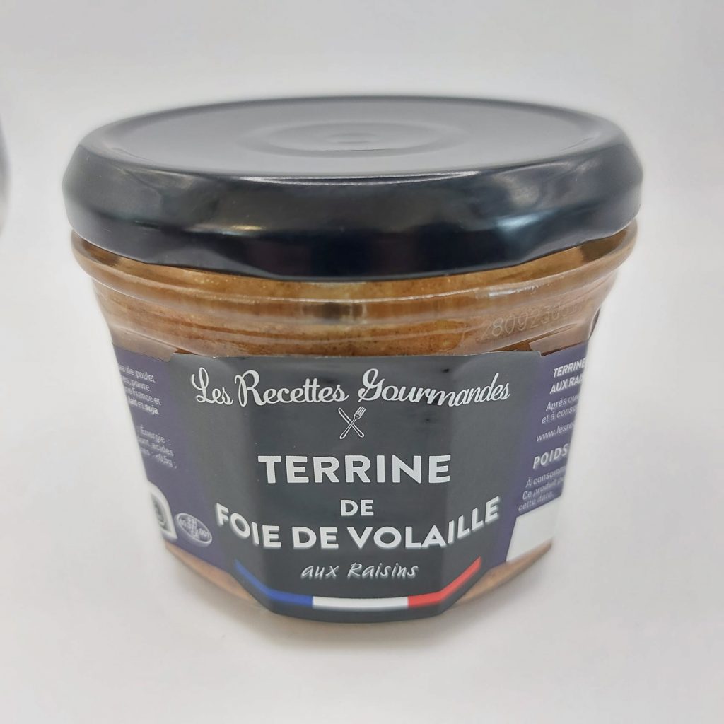 Terrine de foie de volaille aux raisins de la marque Les Recettes Gourmandes.