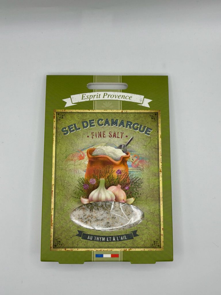 Sel de Camargue au thym et à l’ail de la marque Esprit Provence.