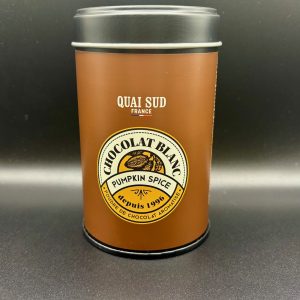 Paquet de chocolat blanc en poudre Pumpkin Spice de la marque Quai Sud, idéal pour boissons chaudes et desserts gourmands aux épices