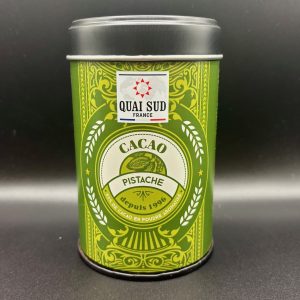 Paquet de cacao maigre en poudre aromatisé pistache de la marque Quai Sud, idéal pour boissons chaudes et desserts gourmands