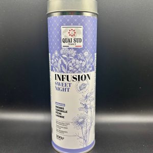 Boîte d’infusion Sweet Night! de la marque Quai Sud, mélange de rooibos, camomille, pêche et lavande pour une pause relaxante