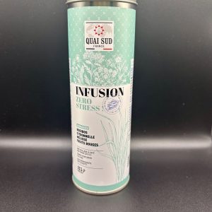 Boîte d’infusion Zéro Stress de la marque Quai Sud, mélange de rooibos, citronnelle, mélisse et fruits rouges pour une pause relaxante