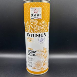Boîte d’infusion Zéro Tox! de la marque Quai Sud, mélange de rooibos rouge et vert, vigne rouge et citron pour une boisson saine et fruitée