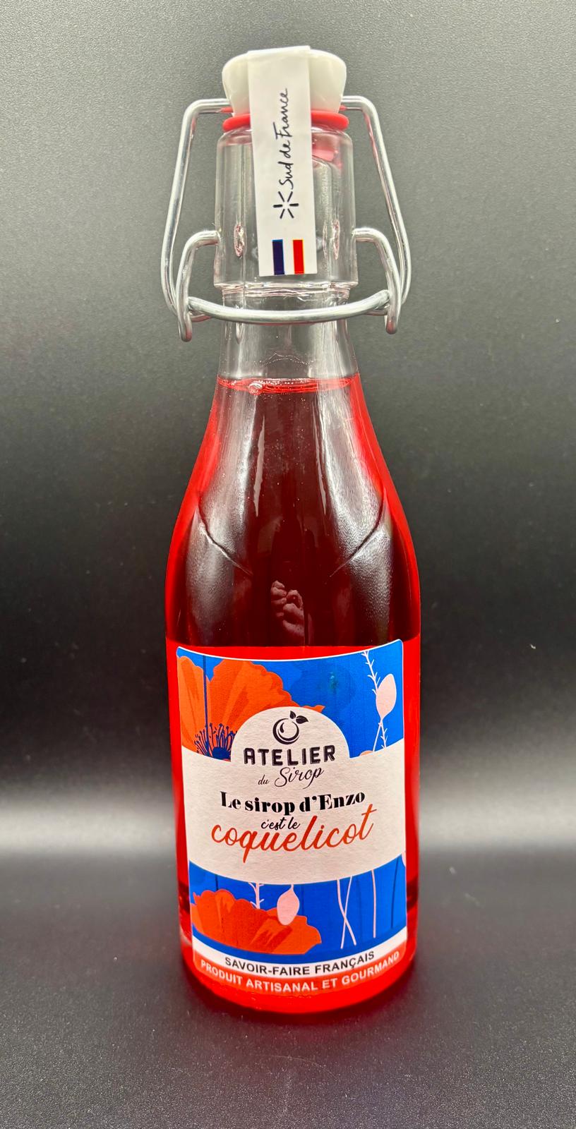 Bouteille de sirop de coquelicot de la marque L’Atelier du Sirop, idéal pour boissons, cocktails et desserts originaux