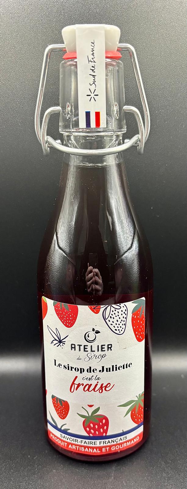 Bouteille de sirop de fraise de la marque L’Atelier du Sirop, idéal pour boissons, cocktails et desserts gourmands
