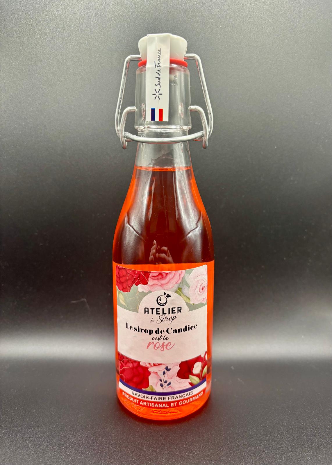 Bouteille de sirop de Rose de la marque L’Atelier du Sirop, idéale pour cocktails, boissons chaudes et desserts raffinés