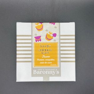 Boîte de tisane Tendre Enfance de la marque Baronny’s, infusion aux saveurs de pomme, nougatine et noix de coco