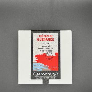 Boîte de thé vert Pays de Guérande de la marque Baronny’s, infusion aux arômes d’ananas, framboise et noix de coco