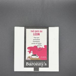 Boîte de thé vert Pays du Léon de la marque Baronny’s, infusion fruitée aux arômes de framboise, cerise et fraise