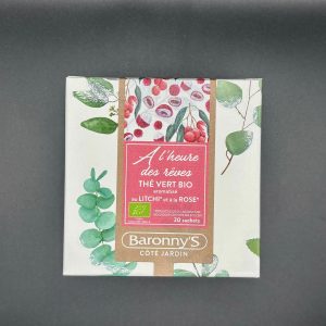 Thé vert bio Baronny’s aromatisé au litchi et à la rose « À l’heure des rêves ».