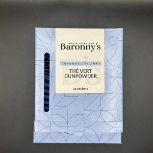 Boîte de thé vert Gunpowder de la marque Baronny’s, feuilles roulées pour une infusion au goût intense et authentique