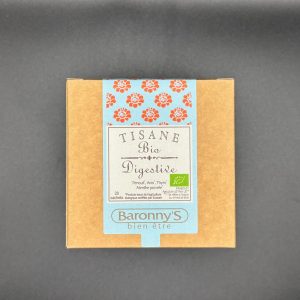 Boîte de tisane bio digestive de la marque Baronny’s, infusion aux plantes naturelles pour favoriser la digestion et le bien-être